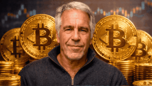 Jeffrey Epstein redeado de monedas de físicas de bitcoin.