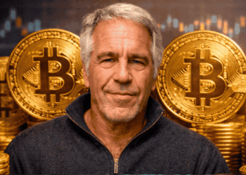 Jeffrey Epstein redeado de monedas de físicas de bitcoin.