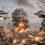 Aviones de combate atacando Teherán y una moneda física de bitcoin sucia, gastada. (imagen de inteligencia artificial).