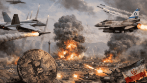 Aviones de combate atacando Teherán y una moneda física de bitcoin sucia, gastada. (imagen de inteligencia artificial).