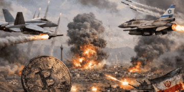 Aviones de combate atacando Teherán y una moneda física de bitcoin sucia, gastada. (imagen de inteligencia artificial).