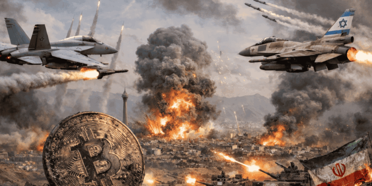 Aviones de combate atacando Teherán y una moneda física de bitcoin sucia, gastada. (imagen de inteligencia artificial).