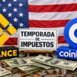 Logos de Binance y Coinbase, con la bandera de EEUU de fondo, un cartel que diga "temporada de impuestos", y dinero alrededor.