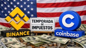 Logos de Binance y Coinbase, con la bandera de EEUU de fondo, un cartel que diga "temporada de impuestos", y dinero alrededor.