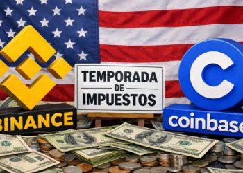Logos de Binance y Coinbase, con la bandera de EEUU de fondo, un cartel que diga "temporada de impuestos", y dinero alrededor.