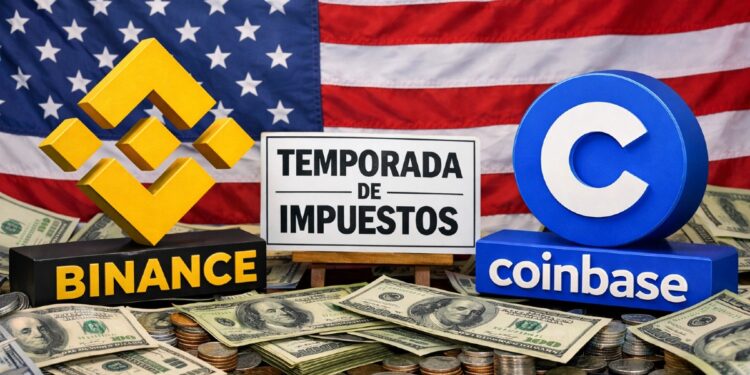 Logos de Binance y Coinbase, con la bandera de EEUU de fondo, un cartel que diga "temporada de impuestos", y dinero alrededor.
