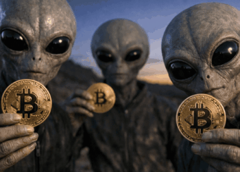 Extraterrestres sosteniendo monedas físicas de bitcoin en sus manos.
