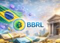 Imagen de la stablecoin BBRL con la red Polygon, reales brasileños alrededor y la bandera de Brasil a la izquierda, con un edificio bancario a la derecha.