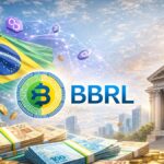 Imagen de la stablecoin BBRL con la red Polygon, reales brasileños alrededor y la bandera de Brasil a la izquierda, con un edificio bancario a la derecha.