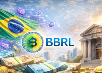 Imagen de la stablecoin BBRL con la red Polygon, reales brasileños alrededor y la bandera de Brasil a la izquierda, con un edificio bancario a la derecha.