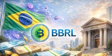 Imagen de la stablecoin BBRL con la red Polygon, reales brasileños alrededor y la bandera de Brasil a la izquierda, con un edificio bancario a la derecha.