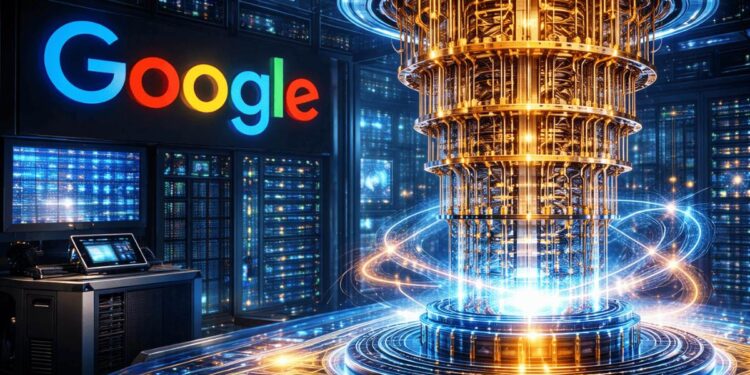 El logo de Google junto a una computadora cuántica.