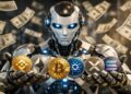 Imagen de robot de IA con bitcoin, ether y otras criptomonedas en las manos y dinero en efectivo alrededor.