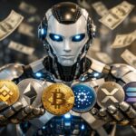 Imagen de robot de IA con bitcoin, ether y otras criptomonedas en las manos y dinero en efectivo alrededor.