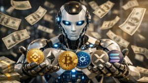 Imagen de robot de IA con bitcoin, ether y otras criptomonedas en las manos y dinero en efectivo alrededor.