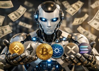 Imagen de robot de IA con bitcoin, ether y otras criptomonedas en las manos y dinero en efectivo alrededor.