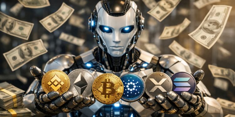 Imagen de robot de IA con bitcoin, ether y otras criptomonedas en las manos y dinero en efectivo alrededor.