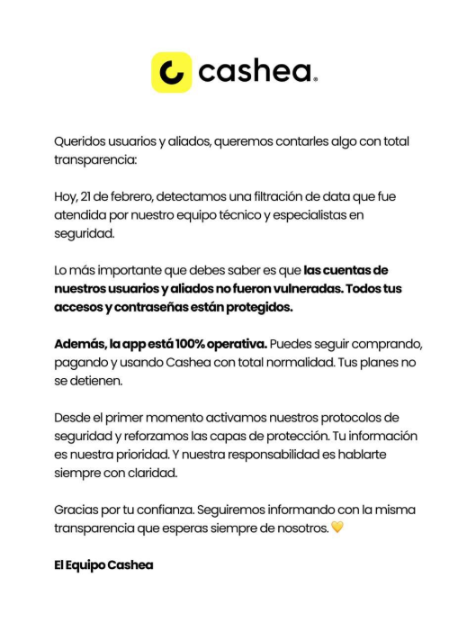 Comunicado oficial de Cashea como respuesta a la filtración. Fondo blanco, letras negras. Logo de la empresa.
