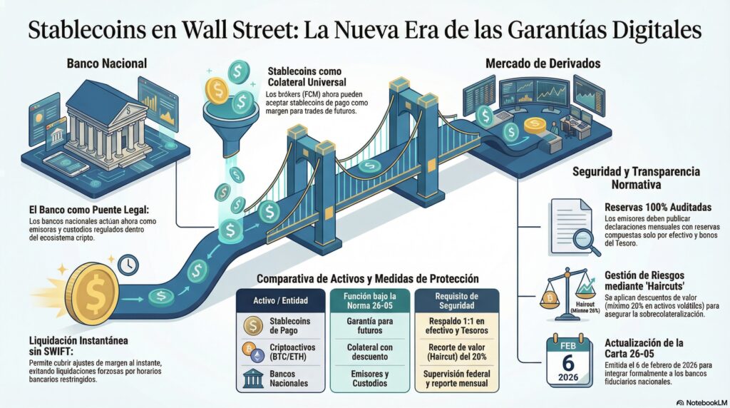 Infografía sobre el puente entre las criptomonedas y las finanzas tradicionales por las stablecoins bancarias.