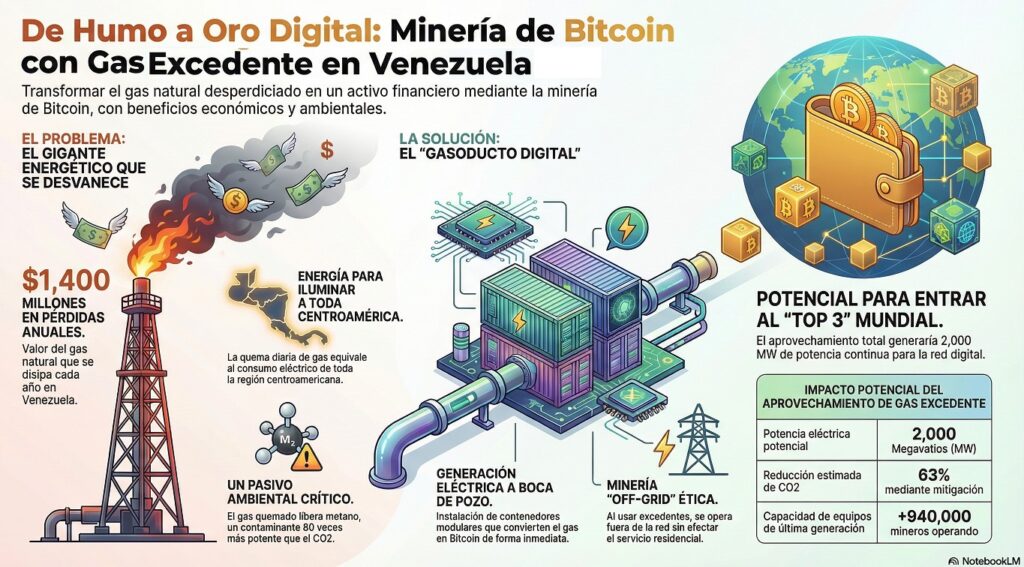 Infografía sobre la minería de Bitcoin con excedentes de gas en Venezuela.