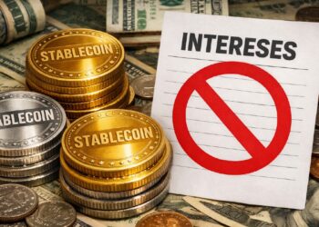 Monedas que tienen grabadas la palabra "STABLECOIN", con dinero alrededor, y una hoja que dice "INTERESES", pero que tiene el símbolo de prohibido.