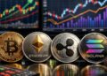 Monedas físicas de bitcoin, ETH, XRP y solana con gráficas mixtas alrededor.