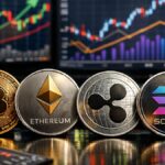 Monedas físicas de bitcoin, ETH, XRP y solana con gráficas mixtas alrededor.
