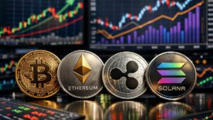 Monedas físicas de bitcoin, ETH, XRP y solana con gráficas mixtas alrededor.