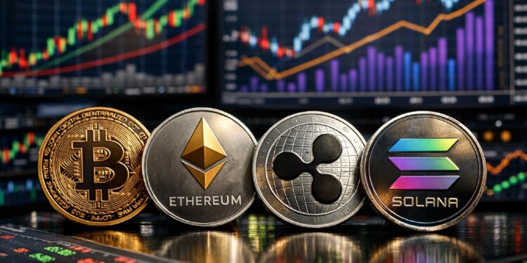 Monedas físicas de bitcoin, ETH, XRP y solana con gráficas mixtas alrededor.