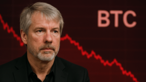 Michael Saylor, BTC y gráfico en caída rojo