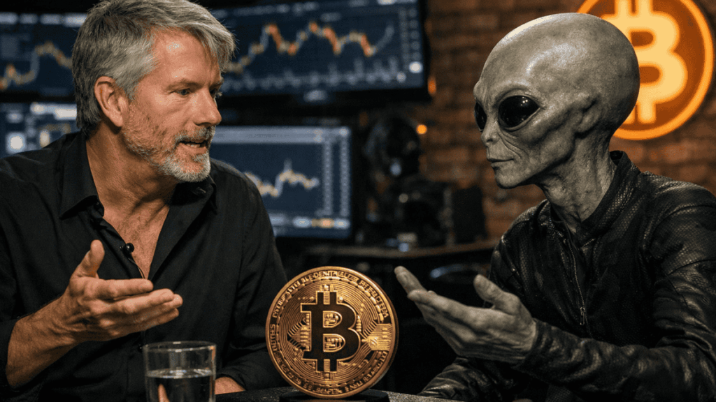 Michael Saylor y un extraterrestre conversan frente a una moneda de bitcoin.