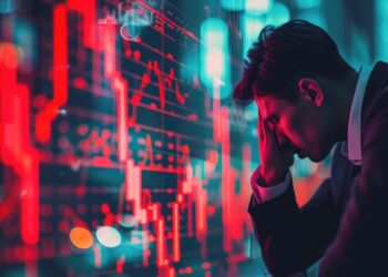 Inversionista con rostro preocupado, delante de un gráfico en rojo.