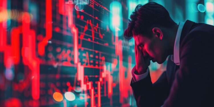 Inversionista con rostro preocupado, delante de un gráfico en rojo.