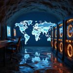 Imagen en una gruta. A la izquierda unas computadoras con el logo de bitcoin y a la derecha unos equipos para minería. Al fondo un mapa mundi