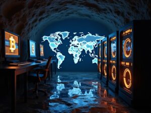 Imagen en una gruta. A la izquierda unas computadoras con el logo de bitcoin y a la derecha unos equipos para minería. Al fondo un mapa mundi