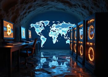 Imagen en una gruta. A la izquierda unas computadoras con el logo de bitcoin y a la derecha unos equipos para minería. Al fondo un mapa mundi