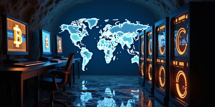 Imagen en una gruta. A la izquierda unas computadoras con el logo de bitcoin y a la derecha unos equipos para minería. Al fondo un mapa mundi