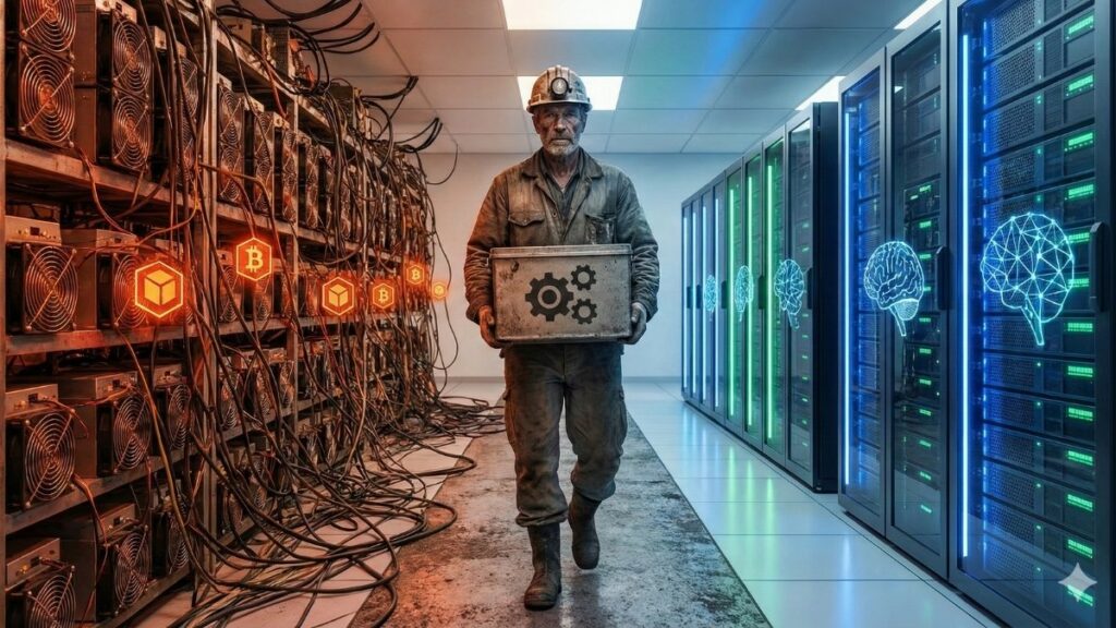Minero en medio de equipos de minería bitcoin y equipos de IA.