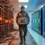 Minero en medio de equipos de minería bitcoin y equipos de IA.
