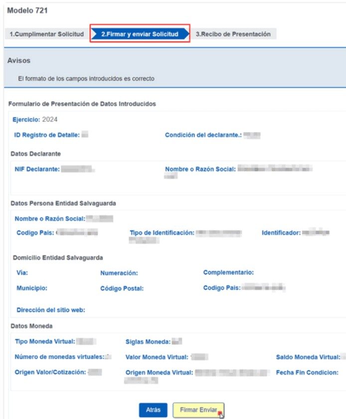 Captura de pantalla de la plantilla de presentación del Modelo 721.