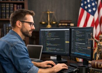 Un desarrollador de software en su oficina, con leyes alrededor y la bandera de EE. UU.