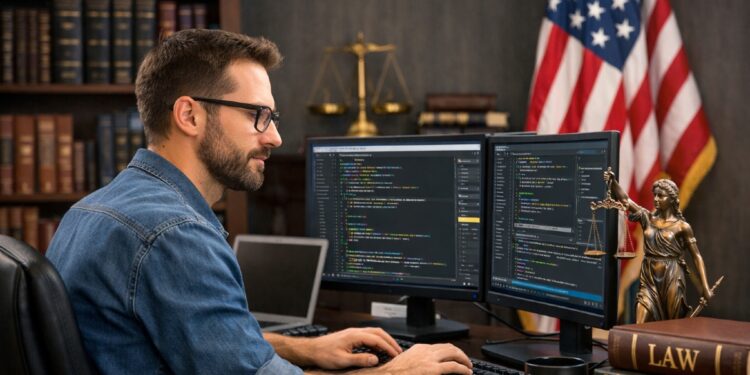 Un desarrollador de software en su oficina, con leyes alrededor y la bandera de EE. UU.