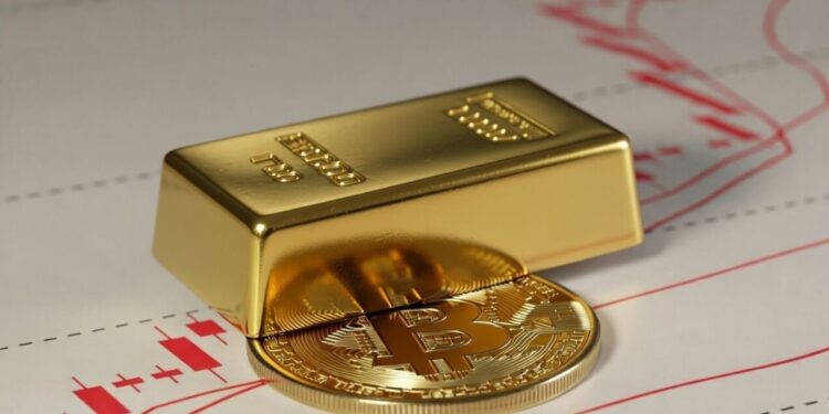 un lingote de oro sobre una moneda de bitcoin y detrás gráficos de precios rojos.