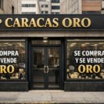 Fachada de “Caracas Oro”, local ficticio, generado por IA de compra y venta de oro en un entorno urbano.