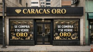 Fachada de “Caracas Oro”, local ficticio, generado por IA de compra y venta de oro en un entorno urbano.