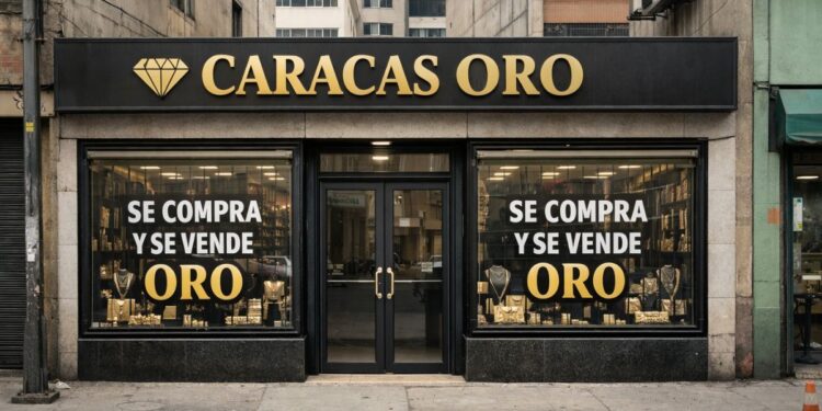 Fachada de “Caracas Oro”, local ficticio, generado por IA de compra y venta de oro en un entorno urbano.