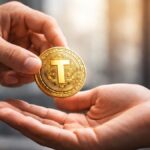 Manos intercambiando una moneda de oro tokenizada en primer plano.