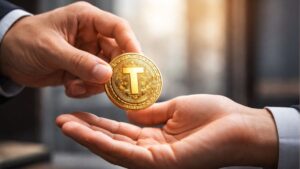 Manos intercambiando una moneda de oro tokenizada en primer plano.