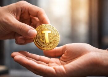 Manos intercambiando una moneda de oro tokenizada en primer plano.