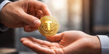 Manos intercambiando una moneda de oro tokenizada en primer plano.